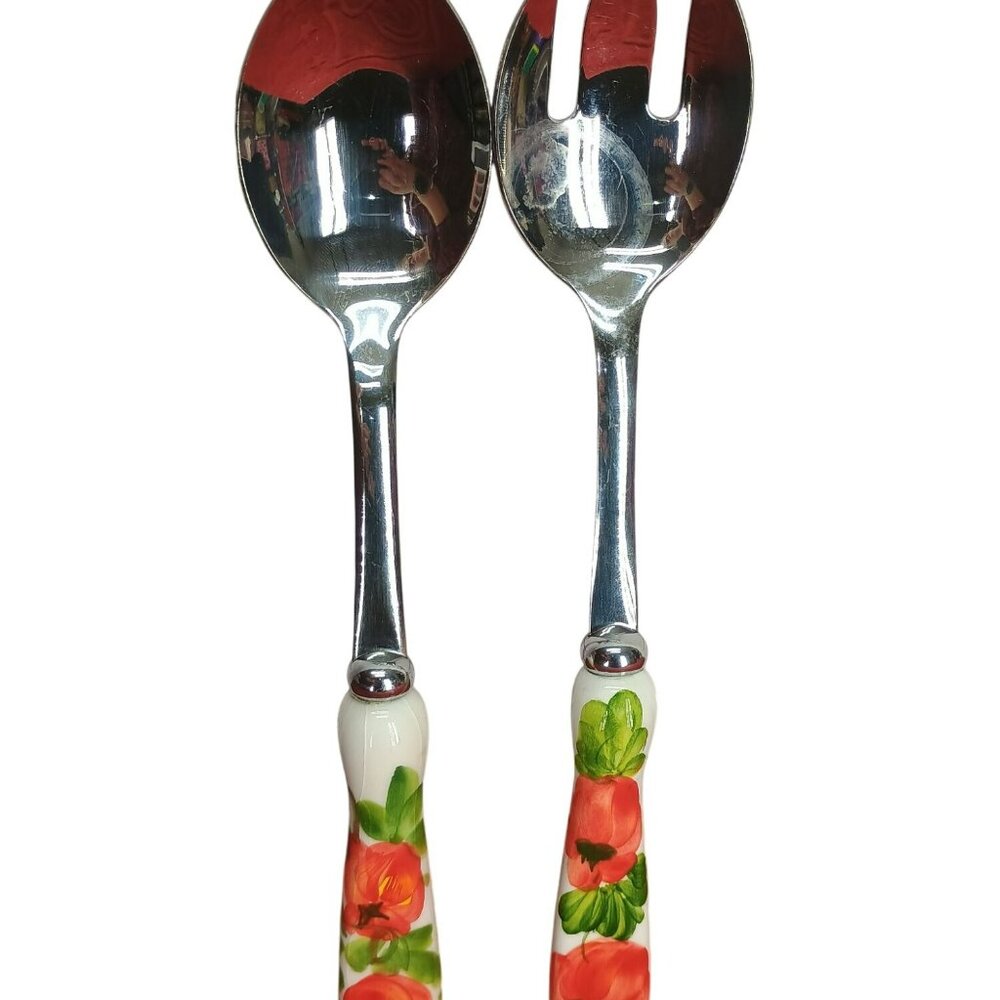 Vietril Lastra Poppy 2-Piece Stainless Steel Salad Serving Set Hand-Painted